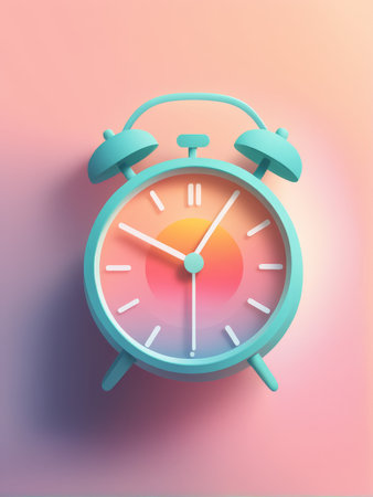A turquoise alarm clock with a sunset on its face set against a pastel gradient backgroundの素材