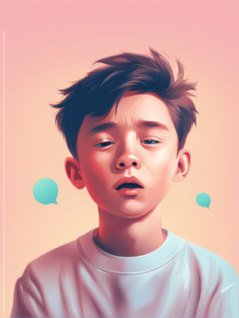 A contemplative young individual with expressive eyes and speech bubbles in an artistic digital illustrationの素材