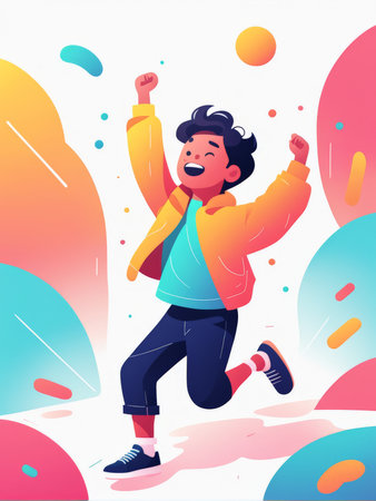 A joyful child in dynamic pose amidst a burst of colorful shapes and dotsの素材