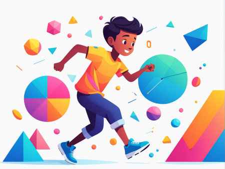 A child in a colorful outfit joyfully interacts with various shapes and chartsの素材