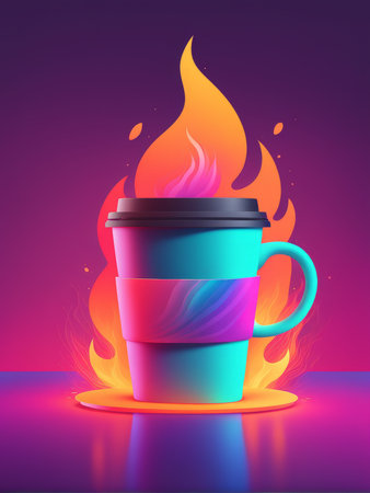 A stylized depiction of coffee or hot beverage being consumed in vibrant colorsの素材