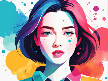 A modern digital illustration featuring a stylish woman with vivid hair and colorful abstract backgroundの素材