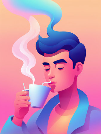 A stylish man enjoying a drink against a gradient pink and blue backdropの素材