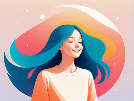 A joyful woman with flowing hair surrounded by abstract colorful wavesの素材