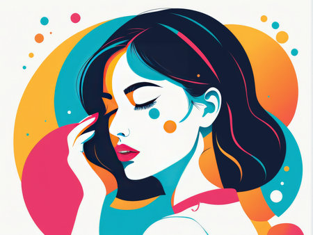 A stylized illustration of a woman with vivid colors and playful design elementsの素材