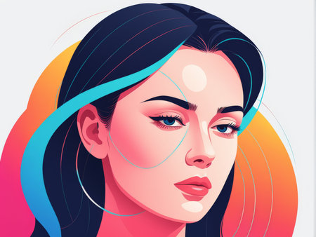 An illustration of a stylish woman with prominent makeup and blue hair highlightsの素材