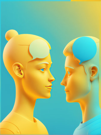 Two stylized figures facing each other with expressive eyes and headbands indicating mental activityの素材