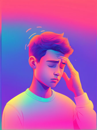 An illustration of a young man experiencing distress with vivid pink and blue gradient backgroundの素材