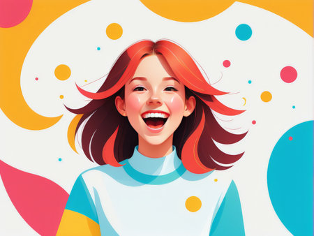 A cheerful woman with flowing hair amidst a burst of colorful shapes and circlesの素材