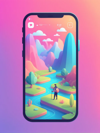 Digital art of a person hiking in an isometric fantasy landscape on their phoneの素材