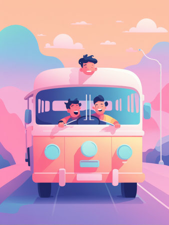 Father and son traveling by bus. Vector illustration in flat cartoon styleの素材