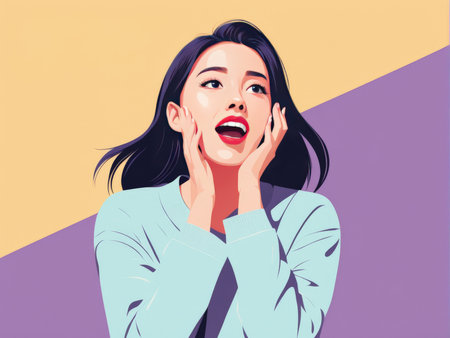 An animated woman expressing excitement with a colorful backgroundの素材