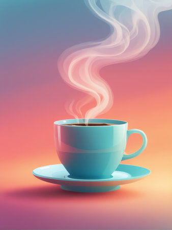 A serene image of a steaming cup of coffee with soft pastel colors in the backgroundの素材