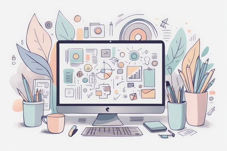 A colorful illustration depicting a workspace with various digital and creative toolsの素材