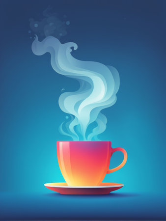 A cup of hot beverage emitting steam against a blue backgroundの素材