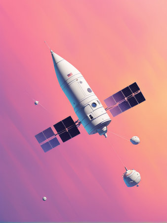 A futuristic space scene with a spacecraft and satellite against a pink skyの素材