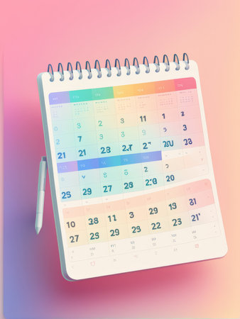 A digital calendar with a pastel rainbow theme on a pink backgroundの素材
