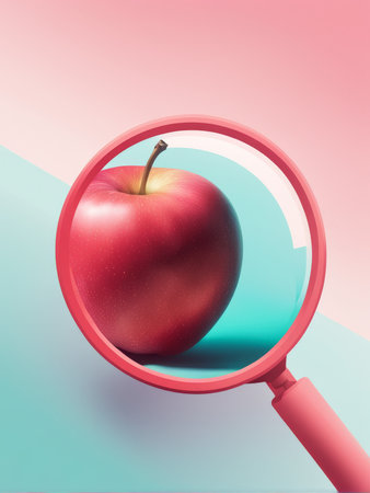 A magnified view of a red apple with water droplets on it against a pastel backgroundの素材