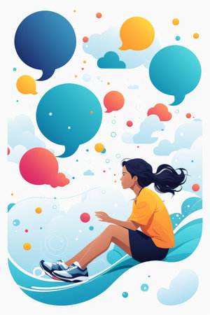 A young woman floating above a dynamic blue wave with speech bubbles around herの素材