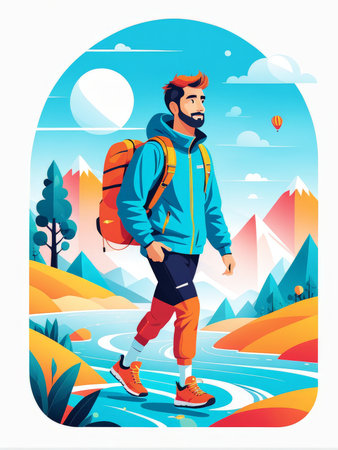 A man hiking in a scenic mountainous landscape with hot air balloons and vibrant colorsの素材