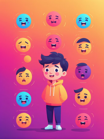 A young boy surrounded by colorful emojis expressing various emotionsの素材