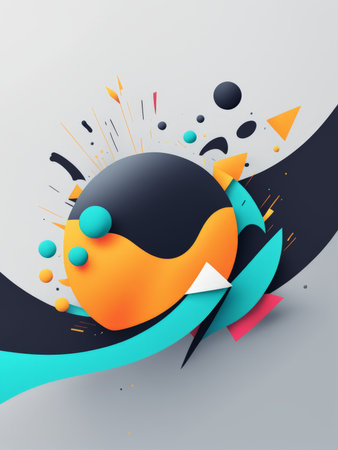 Abstract digital art featuring a dynamic geometric composition with bold colors and shapesの素材