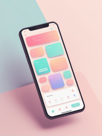 A smartphone displaying a colorful and modern application interface with various widgetsの素材