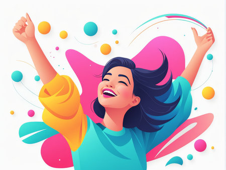 An illustration of a joyful woman with colorful abstract shapes around herの素材