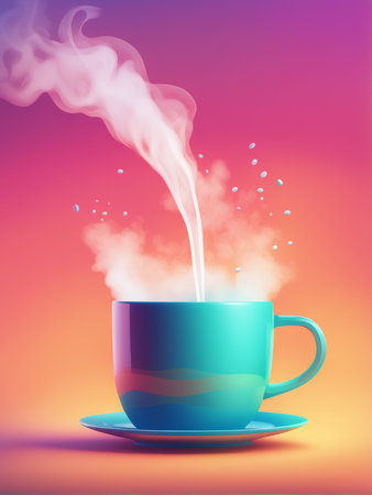 A surreal illustration of a steaming hot beverage in an aqua blue cup against a gradient pinkpurple backdropの素材