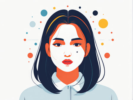 An illustration depicting a young woman with distinctive features and a book symbolizing knowledge or literatureの素材