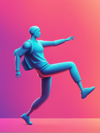 A stylized figure in motion against a pink gradient backgroundの素材