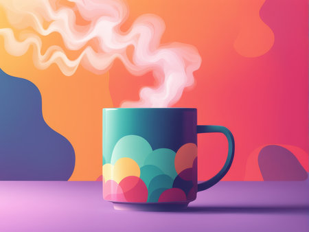 A colorful coffee cup with steaming hot beverage on a pastel gradient backgroundの素材