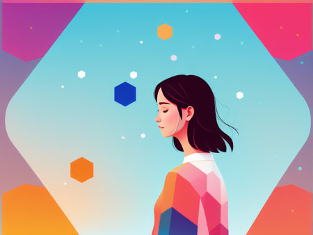 A stylized illustration of a woman in colorful attire surrounded by geometric shapes and abstract patternsの素材