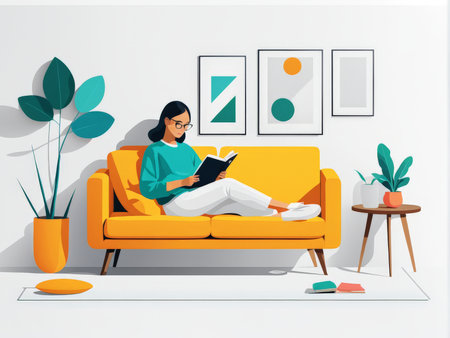 A modern minimalist living room with a woman reading on the couchの素材
