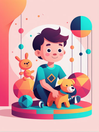 A child enjoying playtime with toys in a colorful settingの素材