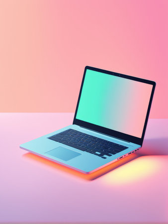 A modern laptop with a colorful gradient screen and ambient lighting on a pastel pink surfaceの素材