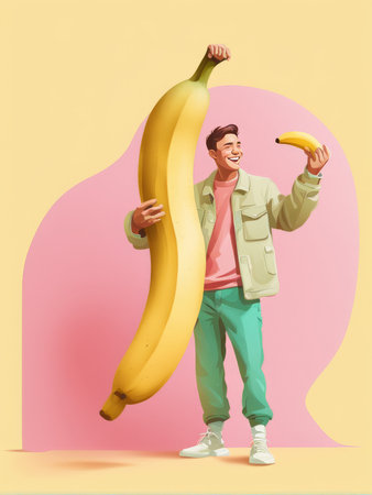 A young man proudly displaying oversized bananas against a playful backgroundの素材