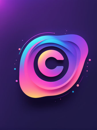 A stylized representation of a copyright symbol with colorful layers against a deep purple backgroundの素材