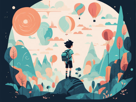 A whimsical landscape illustration with a child exploring the skyの素材