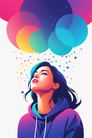 An illustration of a woman under colorful balloons with an aura of fantasy and dreamsの素材