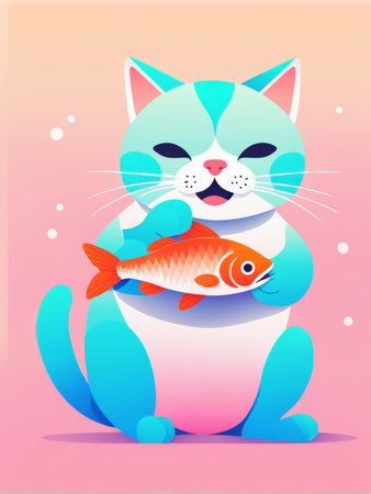 A stylized cat holding a fish against a pastel gradient backgroundの素材