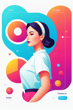 A stylized illustration of a confident woman with distinctive features against colorful background elementsの素材