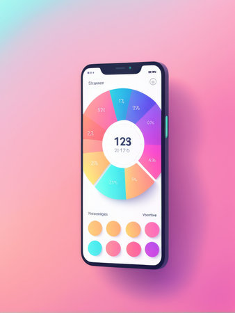 A smartphone displaying a colorful app interface with data and statisticsの素材