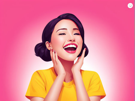 Digital art of a joyful woman with pink and yellow hues representing happinessの素材