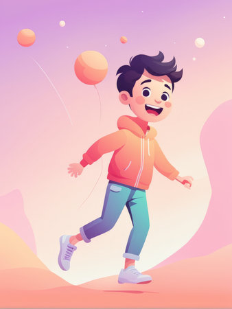 Joyful animated boy with balloons in a colorful settingの素材