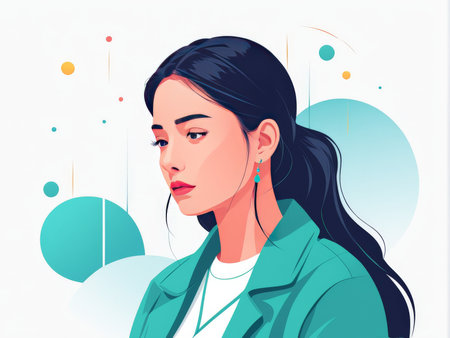 A contemporary illustration of a woman with dark hair and green attire against an abstract backgroundの素材