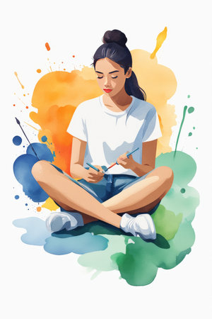 A person is immersed in painting with dynamic watercolor splashes aroundの素材