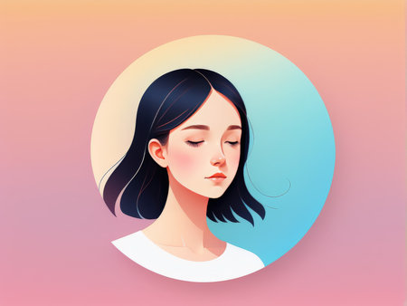 A serene woman in a minimalist illustration with closed eyes and peaceful expression against a soft gradient backgroundの素材