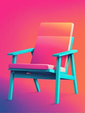 A stylish modern chair with a gradient pink to orange seat and blue frame against a pink backgroundの素材