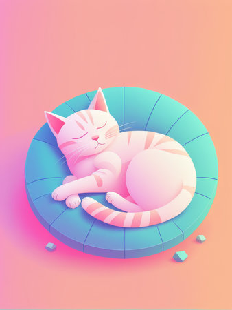 A serene cat resting on a colorful circular platform in an abstract art styleの素材